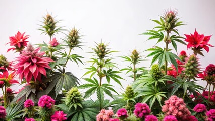 Blooming cannabis plants surrounded by pink and red flowers on a white background, romance, valentine,  romance, valentine