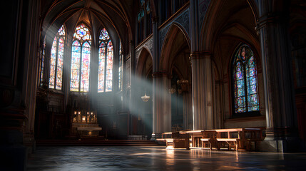 Obraz premium Light shining through stained glass in a grand gothic cathedral interior