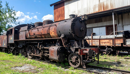 Obraz premium Rusty Steam Locomotive on Overgrown Railway Tracks