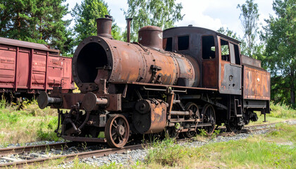 Obraz premium Rusty Steam Locomotive Abandoned on Railway Tracks