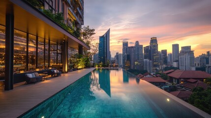 Fototapeta premium modern hotel building with a glass and steel facade, offering a rooftop pool and dining area with sweeping views of the urban skyline