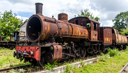 Obraz premium Rusty Steam Locomotive on Railway Tracks