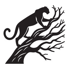 Obraz premium Tree-top jaguar silhouette designed for dynamic wildlife compositions – tree-climbing jaguar vector – tree-climbing jaguar illustration – silhouette of tree-climbing jaguar