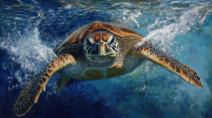 Fototapeta premium A sea turtle swims near the surface, its head breaking through the water for a breath of air before diving back into the deep blue