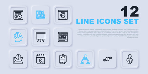 Set line Money exchange, Business investor, Chalkboard, Employee hierarchy, man planning mind, Calendar, Office folders and Contract money icon. Vector