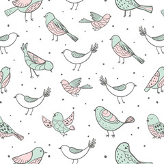 Colorful doodle bird seamless pattern. Collection of flat hand drawn birds. Cute background for textile print, wrapping paper, wall art design
