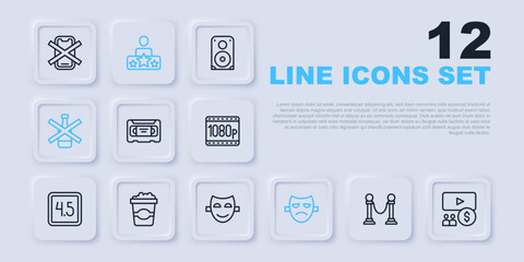 Set line Rope barrier, Cinema auditorium with screen, VHS video cassette tape, Drama theatrical mask, No alcohol, Popcorn cardboard box, Actor star and Comedy icon. Vector