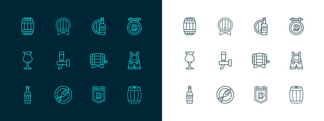 Set line Street signboard with beer, Dried fish, Wooden barrel on rack, Beer tap, bottle and wooden, and icon. Vector