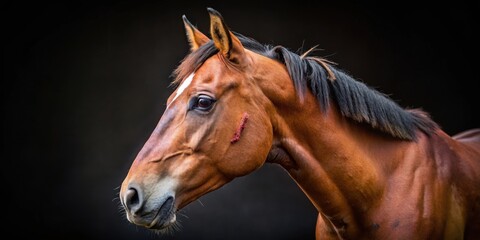 Horse with a large cut on its forehead , horse injury, equine trauma
