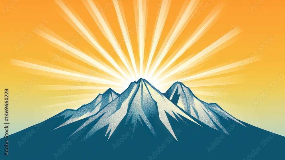 Poster modern vector of sun rays emerging from behind a mountain range, using clean lines and bright colors