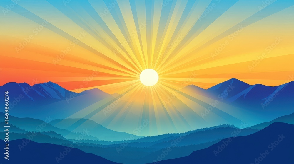 Poster modern vector of sun rays emerging from behind a mountain range, using clean lines and bright colors