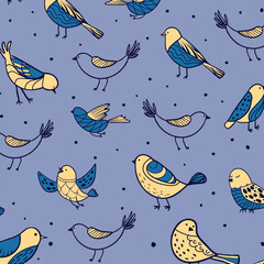 Colorful doodle bird seamless pattern. Collection of flat hand drawn birds. Cute background for textile print, wrapping paper, wall art design

