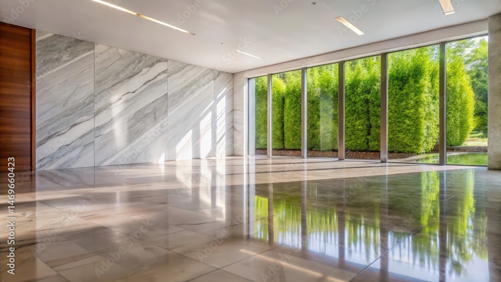 Aufkleber sunlight streaming through large windows illuminates a spacious room with a marble wall and tiled fl