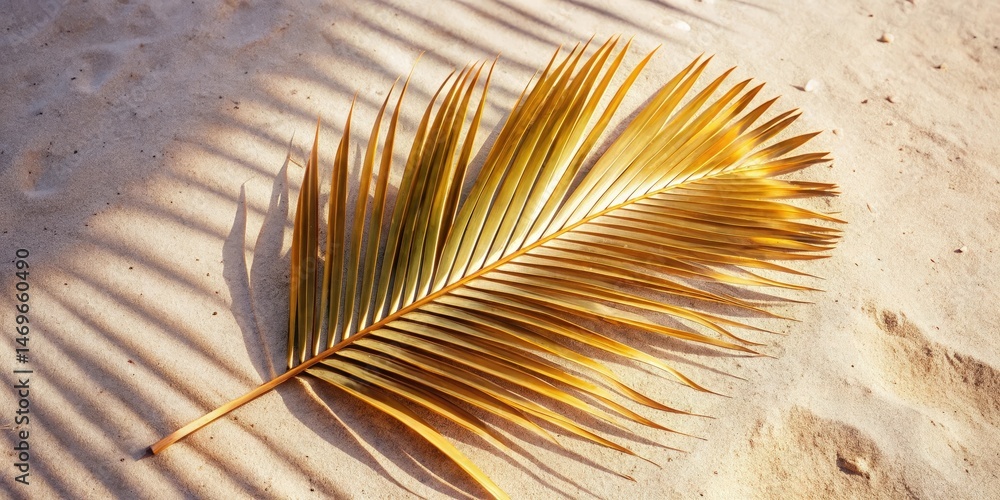 Aufkleber a golden palm leaf casts a delicate shadow on a sandy beach, creating a serene and tropical scene.