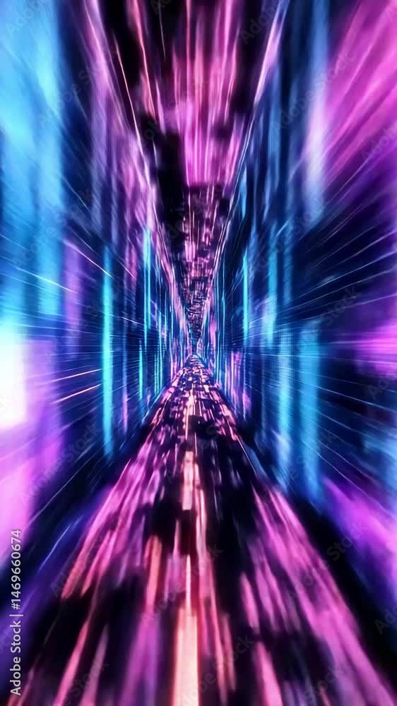 Poster experience rapid movement through a vibrant tunnel illuminated by neon lights and digital effects in