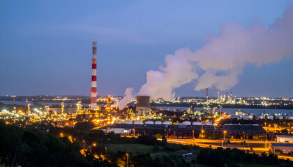 Fototapeta premium Night View of Illuminated Industrial Complex with Smoke