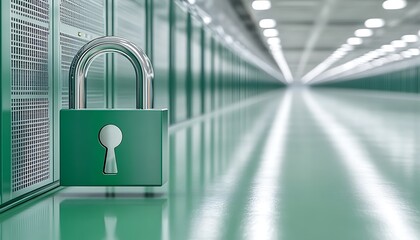 Secure server room corridor with green lock.