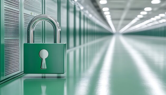 Secure server room corridor with green lock.