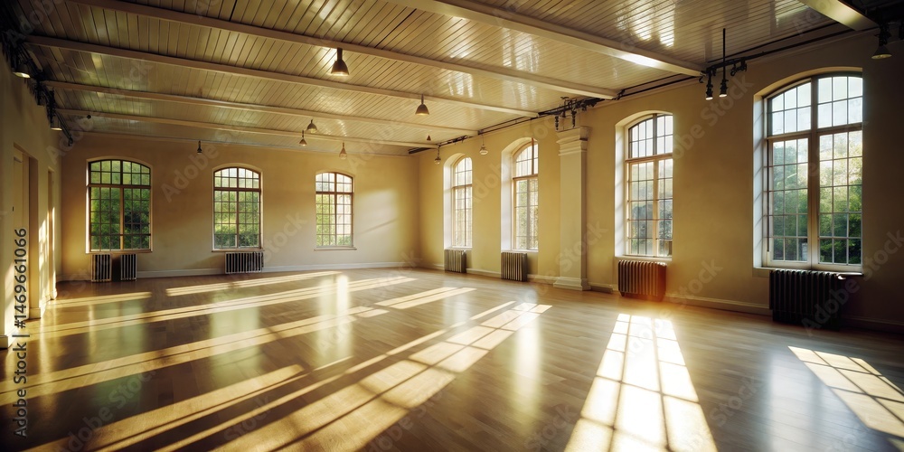 Fototapete sunlight streams through large windows in a spacious room with wooden floors and a white ceiling, cr