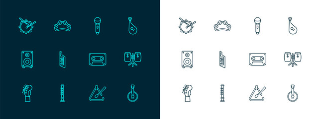 Set line Bandura, Flute, Retro audio cassette tape, Triangle musical instrument, Keytar, Microphone, Drum with drum sticks and Tambourine icon. Vector