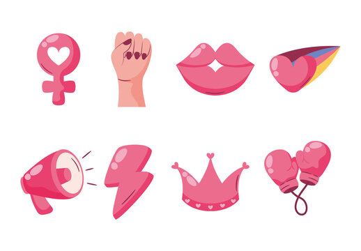 Pink Girl Power Feminism Sticker Icon Design Set