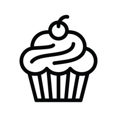 Cupcake with cherry line icon, simple black and white dessert illustration with frosting swirl on white isolated background
