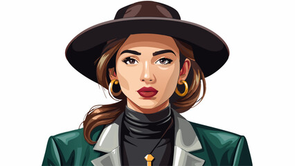 Fototapeta premium portrait Fashionable woman wearing hat earrings necklace posing on brown background. Modern stylish outfit. Faux leather blazer, turtleneck, jewelry. Studio fashion portrait for beauty brands, a Ver