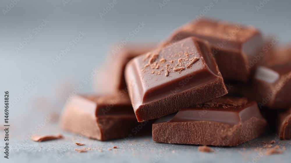 Poster minimalistic close-up of chocolate pieces scattered on plain surface emphasizing textures with ample