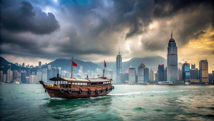 Old junk boat floating in Hong Kong's Victoria Harbour with a dark grey sky and few clouds, hong kong harbour, sea