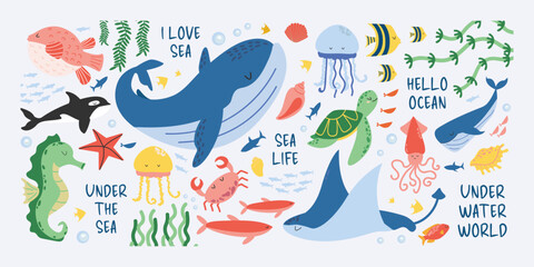 Cute sea life vector collection with ocean animals and plants. Whales, turtles, jellyfish, fish, crabs, seaweed and shells. Hand drawn illustration. Perfect for kids design and underwater themes. © Hanna Bykova