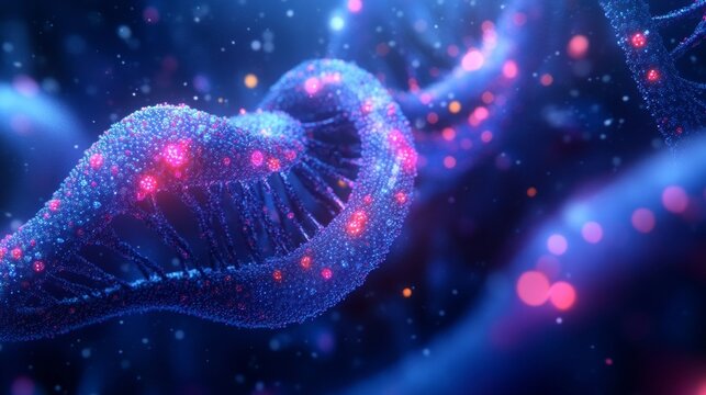 glowing dna strand: microscopic 3d render of genetic code