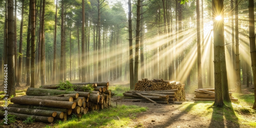 Poster Sunlight beams through the trees in a misty forest, illuminating a pile of stacked logs on the forest floor.