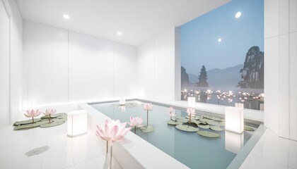 Water Lilies and Landscape in a White Room