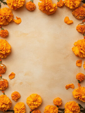 onam ornaments pookolam and marigold garland with empty beige blank space