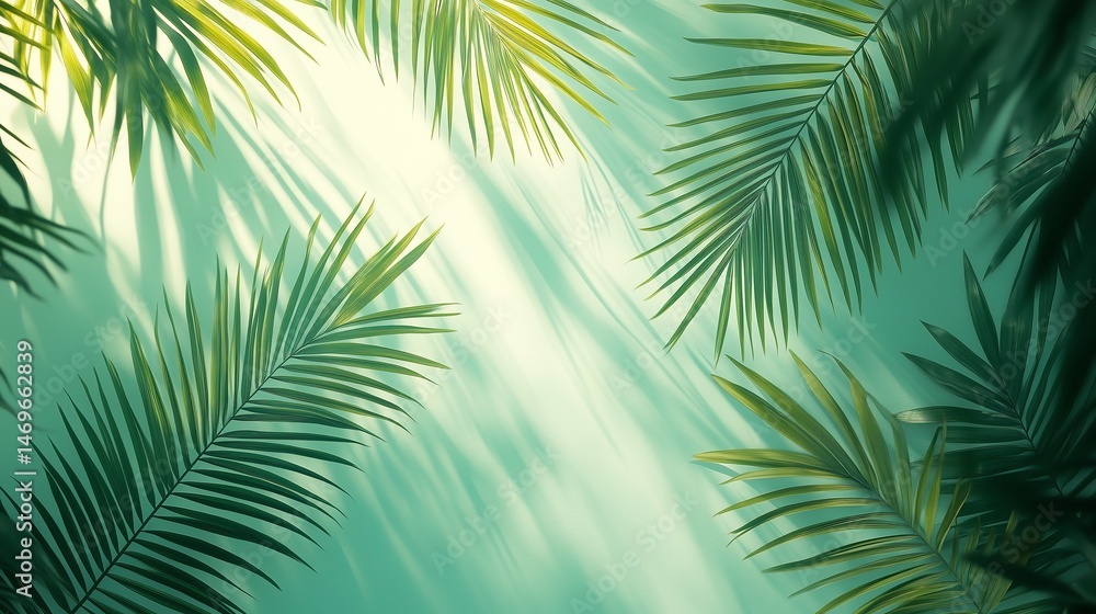 Poster minimal palm leaf pattern with sunlight effect in tropical color palette for summer themes