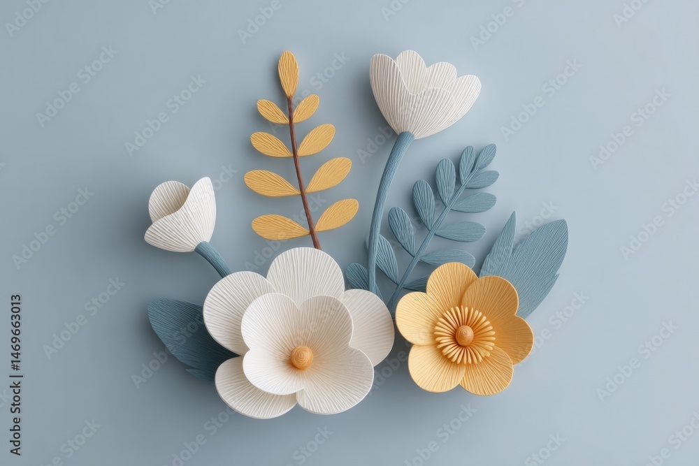 Poster minimalistic composition featuring various decoupage elements arranged thoughtfully against plain ba