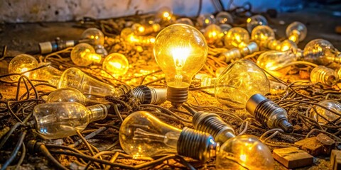 A tangled mess of vintage light bulbs illuminate a forgotten corner, casting a warm glow on the forgotten remnants of a bygone era.
