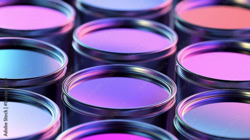 Poster multiple paint cans with smooth surfaces display a range of colors reflecting neon lights
