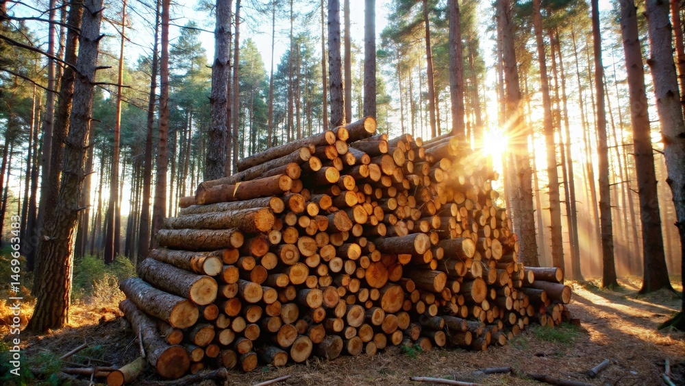 Poster golden rays of sunlight illuminate a towering stack of logs in a forest, showcasing the beauty and r
