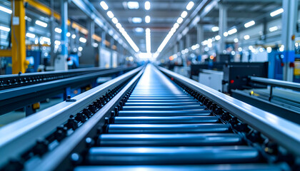 Fototapeta premium Modern Factory Conveyor System: Metallic Rails and Bright Lighting
