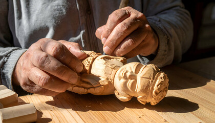 Hands Carving Wooden Statue in Sunlight