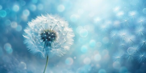 Obraz premium A delicate blue dandelion flower blooms on a soft abstract background with gentle, swirling patterns of white and cream , blue dandelion flower, floral pattern
