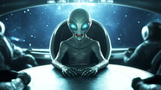 An extraterrestrial being engages in a critical conversation about technology with other aliens inside a spaceship surrounded by stars