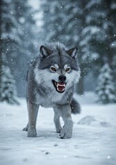 Obraz premium Winter's Fury: A Wolf's Snowbound Prowl AI Generated