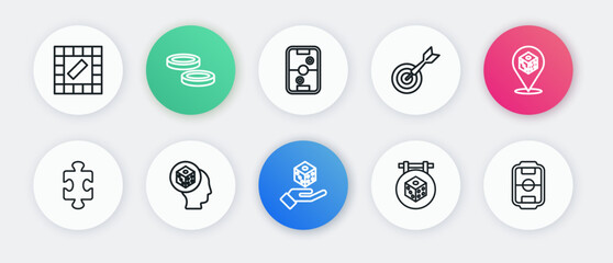 Set line Game dice, Puzzle pieces toy, Classic dart board and arrow, Air hockey table, Table football and icon. Vector