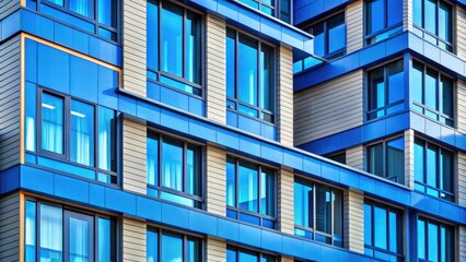 Fototapeta premium Modern building with blue window frames close-up detail, modern architecture, architectural features