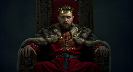 Obraz premium Majestic King on Throne Royal Power Leadership Authority Regal Majesty Medieval King Crown Gold Throne Fur Robe