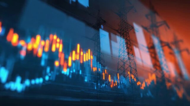 Energy Market Trends Graph Overlay on High Voltage Pylons at Sunset - Powered by Adobe