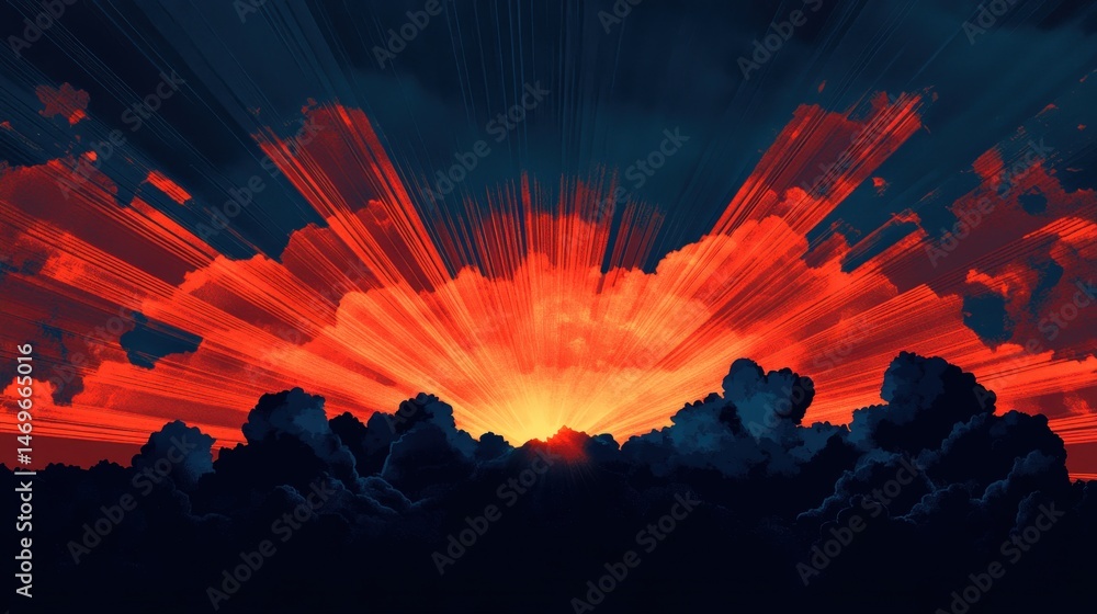 Poster sun rays extending across the image, with a contrasting dark sky in the background for a striking vi