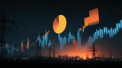 Night Cityscape with Electricity Pylons and Overlayed Financial Stock Market Charts Showing Growth and Decline - Powered by Adobe